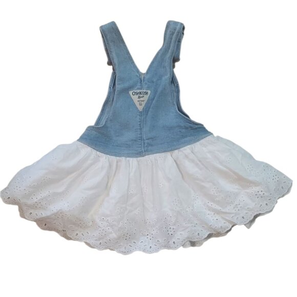 OshKosh B’gosh Toddler 2T Denim Overall Jumper Dress Blue Jean White Eyelet - Picture 2 of 3